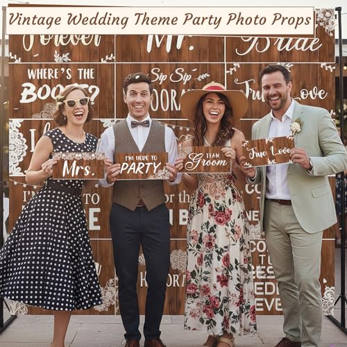 24 Designs Rustic Wedding Photo Booth Props Double Sided 11.02 x 5.51'' Photo Booth Props Wood Lace Country Bridal Shower Bachelorette Party Waterproof DIY Selfie Signs PVC for Wedding Party Reception - color: Wood, style: Lace Wedding