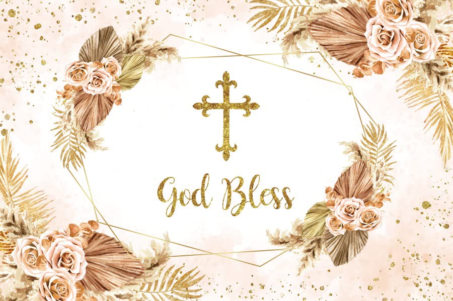 Boho Flowers God Bless Backdrop for Photography First Holy Communion Christening Baptism Photo Backdrop 10x8ft Mi Bautizo Background Girl Baby Shower Party Birthday Decoration Banner Props