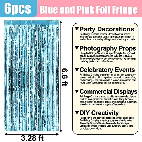 6 Pack Pink Blue Foil Fringe Curtain Backdrop, 3.28Ft x 6.6Ft Metallic Tinsel Foil Fringe Streamer Curtains for Photo Booth, Christmas Day, Thanksgiving, Wedding, New Year Party Decorations - color: Pink Blue