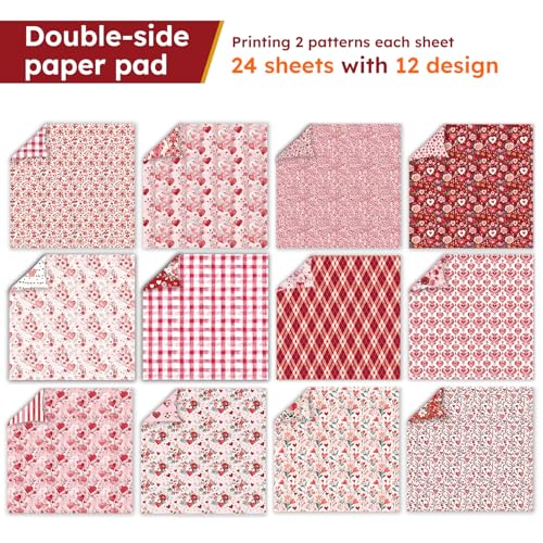 6in Red Flowers Scrapbook Paper Pad - 24 Sheets Double Sided Valentine Aesthetic Patterns for Photos Album Journals Decoupage Card Making DIY Crafts Anniversary Gifts Wrapping Material - color: Romantic love
