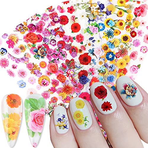 Colorful Flowers Nail Foil Transfer Stickers Sun Flower Foil Decals Rose Tulip Nail Art Sticker Floral Supplies for Women Manicure Tips Decorations Flowers Film 10 Sheets - style: Sunflower and Rose
