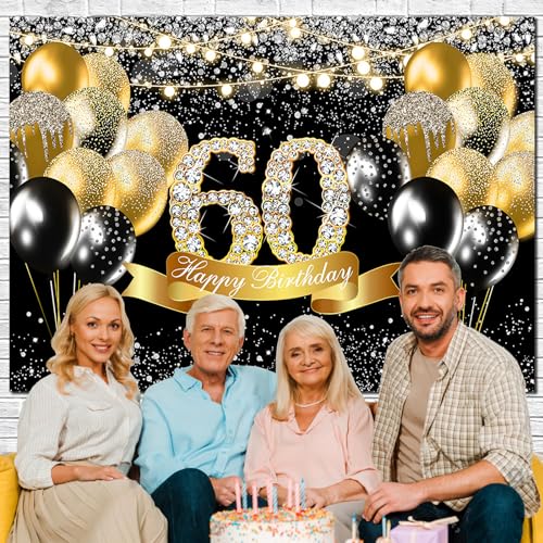 Sensfun Happy 60th Birthday Backdrop Black and Gold Birthday Party Decorations Glitter Balloons Photography Background for Men Womens Fabulous 60th Bday Sign Supplies Sixty Years Old Cake Banner 8x6ft - color: Black and Gold Diamond 60 Birthday, size: 8X6