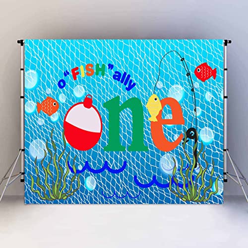 Gone Fishing 1st Birthday Party Photography Backdrop, 7X5FT, O Fish Ally Blue Fishing Nets Bubbles Background, Photo Booth Studio Props RBJYYLU80 - size: polyester microfiber fabric-7x5ft