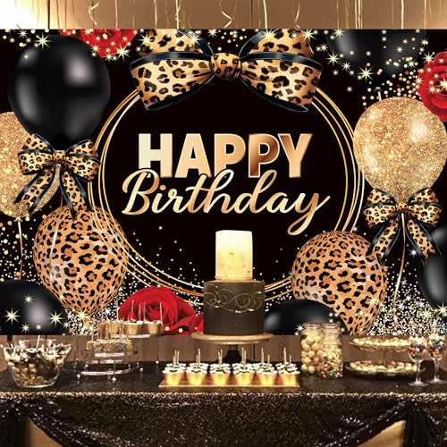 Leopard Print Bow Happy Birthday Backdrop 7Wx5H Feet Polyester Fabric Black Gold Red Rose Cheetah Print Bownot Decoration Cool Balloon for Women Girl Photography Background Photo Shoot Props - color: C-02Birthday(Leopard Bow), size: 7Wx5H