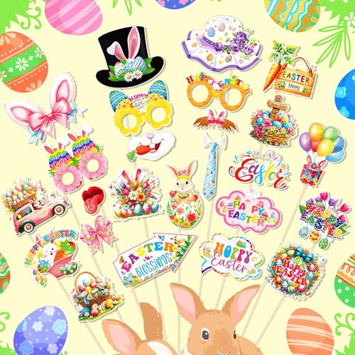 25 Pcs Easter Photo Booth Props with Stick, Bunny Eggs Theme Selfie Props, Happy Easter Day Birthday Party Supplies, Photography Backdrop Decorations