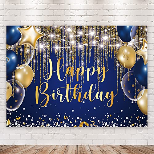 Riyidecor Blue Gold Happy Birthday Navy Royal Backdrop 7Wx5H Feet Polyester Fabric Men Boy Golden Dot Balloon Diamond Sparkle Cool Bday Party Photography Background Decorations Banner Photo Shoot - color: A 02 Bluegold, size: 7Wx5H