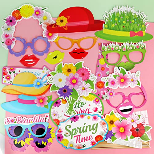 HOWAF 25 Pieces Hello Spring Photo Booth Props, Colorful Spring Flower Party Photo Booth Prop Spring Party Favor for Selfie Props Spring Party Supplies