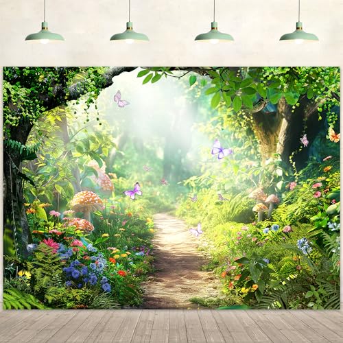 Fairy Backdrop 7Wx5H Feet Enchanted Woodland Tale Green Spring Butterfly Flower Mushroom Tree Plant Leaves Polyester Fabric Birthday Photography Backgrounds Photo Shoot Decor Props Decoration - color: A-Fairy02, size: 7Wx5H