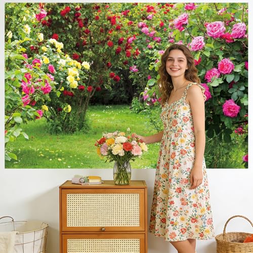 Renaiss 5x3ft Spring Garden Backdrop Red Pink Rose Flower Park Floral Green Leaf Grass Natural Landscape Photography Background for Wedding Bridal Shower Party Decor Photo Booth Props - color: WSNBK34253, size: 5x3ft