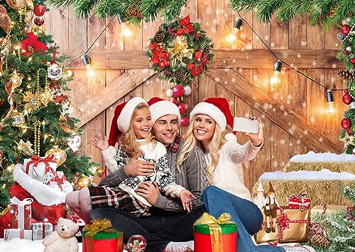 CHAIYA 8x6ft Christmas Backdrop Rustic Christmas Barn Wood Door Backdrop for Photography Xmas Tree Snow Wall Background Xmas Party Supplies Family Kids Party Banner Decorations Backdrops - size: 8′x6′
