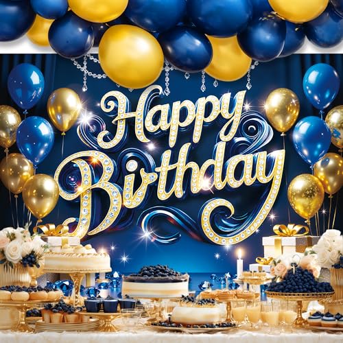 Riyidecor Happy Birthday Backdrop Blue Gold Balloon Gifts Bling Diamond 7Wx5H Feet Polyester Fabric Luxurious for Men Women Photography Background Modern Table Decor Banner Studio Photo Shoot - color: G 01 Blue, size: 7Wx5H