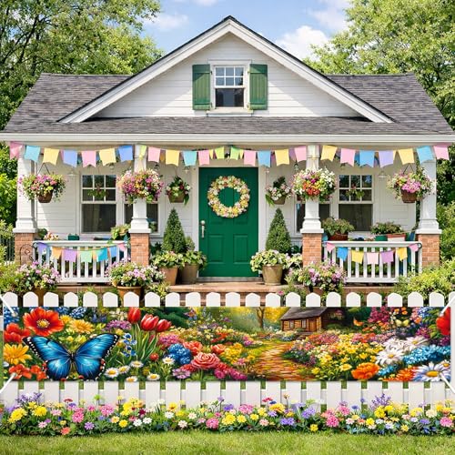 BlissYard Spring Garden Banner 118x20 Inches Butterfly Flower Garden Cabin Banner Colorful Flower Fence Porch Lawn Display Cottage Patio Backyard Party Decor Spring Summer Outdoor Party Decoration - color: Spring Decorations Banner #006, size: 118x20 Inch