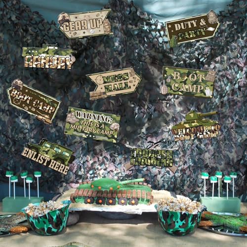 Hooqict 20 Pieces Army Party Sign Camouflage Military Birthday Party Decorations Directional Signs for Boys Men Camo Army Retirement Decorations Welcome to Boot Camp Party Supplies - style: Army