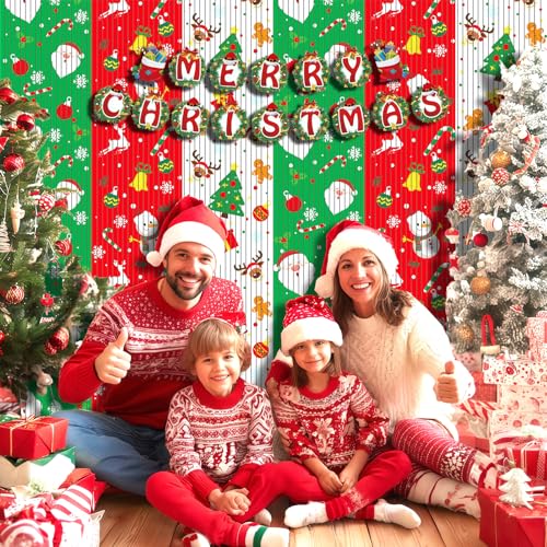 OQOQ Christmas Party Decor Backdrops Kit, 2 Pcs Red Green White Tinsel Foil Fringe Curtains & 1 Set Paper Banner, Large Christmas Photo Booth Props Friendmas Party Supplies - color: Green Red White Christmas