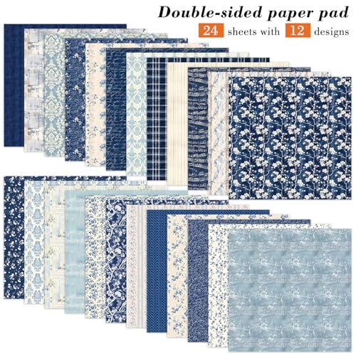 6 Inch Blue Floral Aesthetic Scrapbooking Paper Pad - 24 Sheets Double Sided Patterns for Background Photos Junk Journal Card Making Origami DIY Crafts Gifts Wrapping Material - color: Vintage Blue