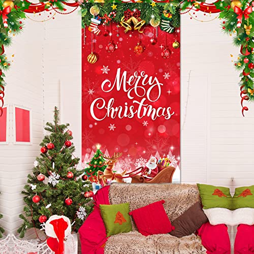 Irenare Christmas Decorations Merry Christmas Door Cover Xmas Background Banner Xmas Door Hanging Covers Photo Booth Props for Winter Party Decorations Supplies, 70.9 x 35.4 Inch(Vivid Style) - style: Vivid Style