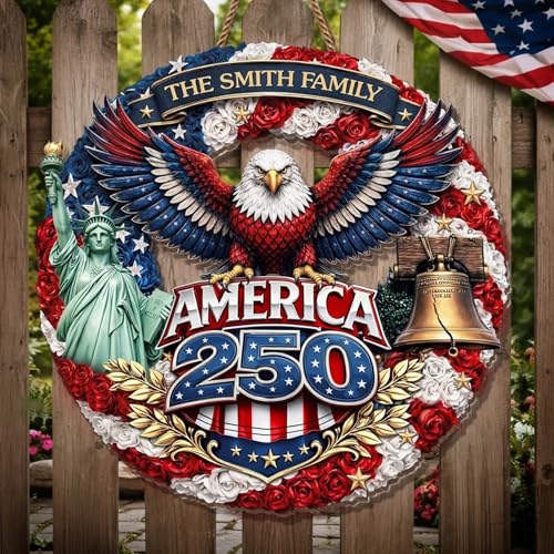 Personalized 250th Anniversary Patriotic Wood Wreath Door Sign 1776-2026, Custom Family Name Round Door Hanger, Independence Decor, Decoration Gifts, Gift For Mom, Dad, Brother, Family /18 - color: Design 18