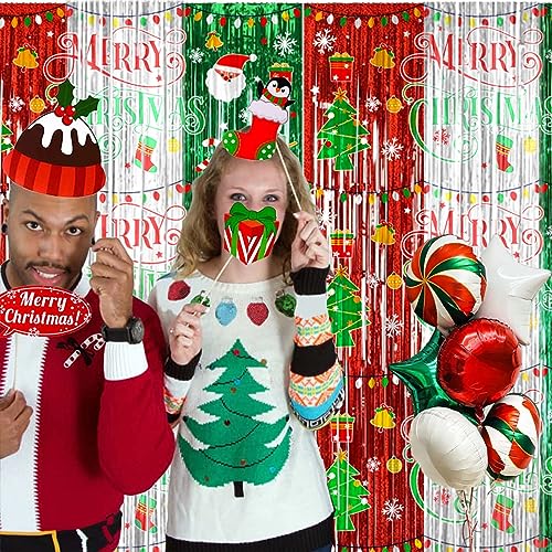 Avezano 98pcs Christmas Decorations Set, Merry Christmas Foil Fringe Tinsel Curtains Balloons Arch Garland Favors for Kids & Adults Selfie Picture Holiday Party Props for Photo Backdrop Supplies