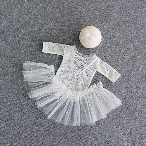 Zeroest Newborn Photography Outfits Girl Lace Romper Newborn Photography Props Rompers Baby Girls Skirt Photoshoot 3 PCS - color: White-long Sleeve