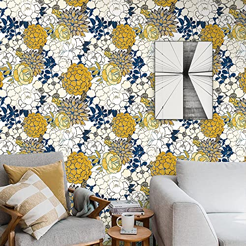 Vintage Floral Peel and Stick Wallpaper Hand-painted Flowers Removable Waterproof Wallpaper Floral Decorative Contact Paper Vinyl White/Yellow Flowers Self Adhesive Wall Paper 17.71in x 236.2in - color: Floral-19, size: 17.71" x 236.2"