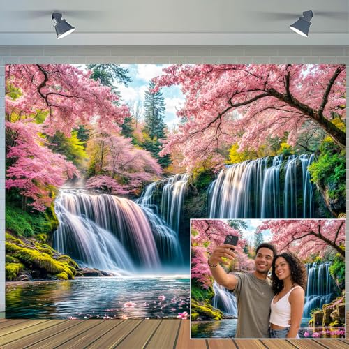 5 x 3 ft Cherry Blossom Backdrop Pink Spring Floral Mountain Rocks Flowing Water Lake River Background Nature Wedding Bridal Shower Background Girls Women Portrait Themed Party Decor - color: Multi4, size: 5x3ft