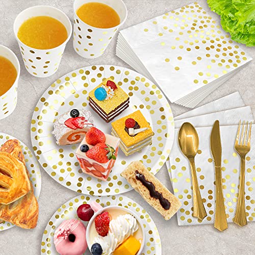 AIRE 350PCS White and Gold Paper Plates Party Supplies for 50 Guests Disposable Party Decorations Dinnerware Gold Paper Plates Napkins Cups Gold Plastic Forks Knives Spoons for Wedding Birthday - color: 350PCS White and Gold