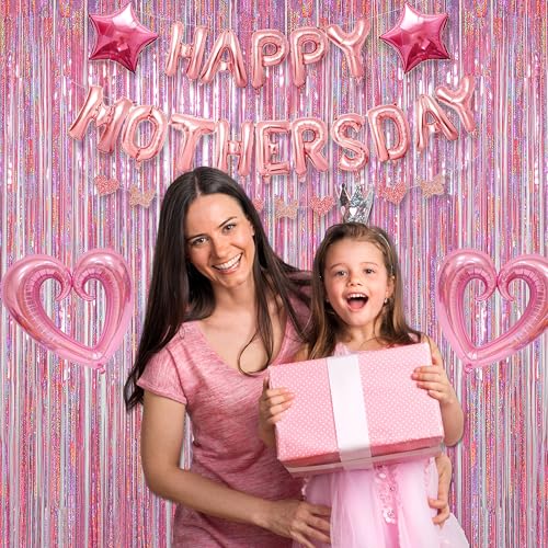 Melsan Pink Tinsel Curtains Backdrop, 3.2 ft x 8.2 ft Sparkle Metallic Foil Curtains for Mothers Princess Birthday Party Photo Background Decoration, 2 Pack - color: Pink