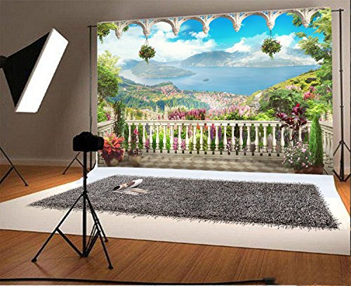AOFOTO 6X4ft Garden Terrace Backdrop Beautiful Gallery Scenery Photography Background Kid Girl Artistic Portrait Seascape Romantic Retro Photo Shoot Studio Props Video Drop Vinyl Decor Wallpaper Drape - size: 6x4ft