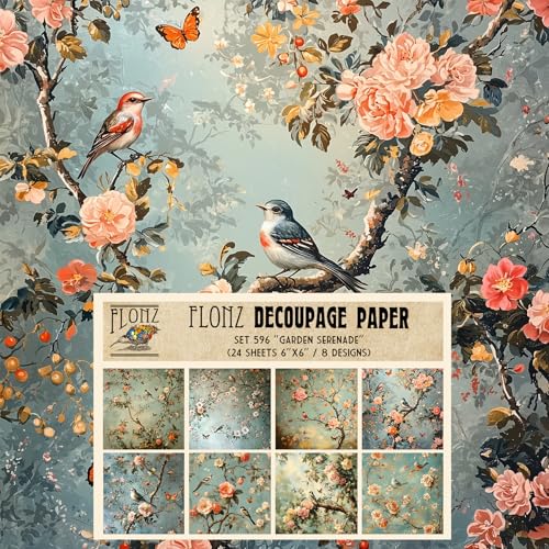 Flonz Decoupage Paper Pack (24 Sheets 6"x6") - Garden Serenade: Birds and Butterflies Amid Blossoming Branches - Glossy, Square, Craft, Scrapbook - color: FortyFive