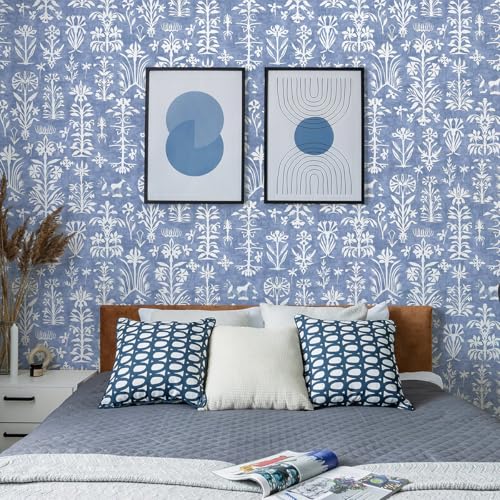 Nukofal Vintage Peel and Stick Wallpaper Blue Contact Paper 16.9inchx118.1inch Boho Textured Wallpaper Blue Floral Self Adhesive Removable Wall Paper for Bedroom Cabinets Retro Decorative Vinyl - color: Blue