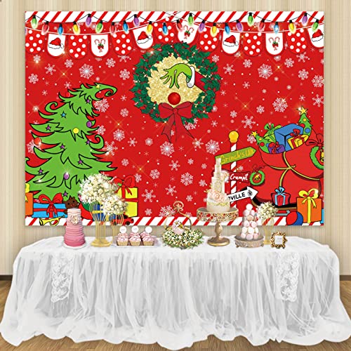 7x5ft Merry Grinchmas Backdrop Red Christmas Backdrop Xmas Tree Snow Winter Signpost Background for Christmas Family Party Photo Studio Prop - size: 7x5ft