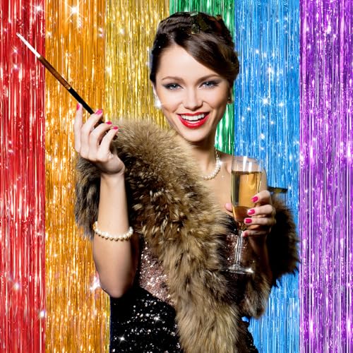 2Pack Rainbow Foil Fringe Curtains Backdrop Decorations, Rainbow Metallic Tinsel Foil Streamers Curtain Photo Booth Background for Birthday Wedding Engagement Bridal Shower Unicorn Party Decorations - color: Rainbow