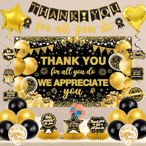 Vlipoeasn We Appreciate You Banner Decorations, Black Gold Thank You for All You Do Backdrop Banner Honeycomb Centerpieces, Retirement Office Decor Staff Teachers Professors Doctor Nurses Appreciation - style: Black Gold