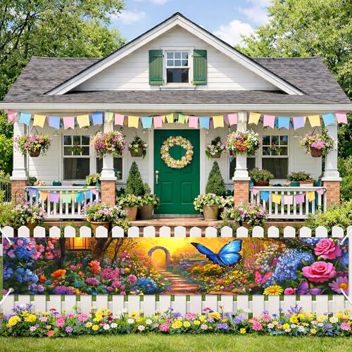 BlissYard Spring Butterfly Garden Path Banner 118x20 Inches Spring Floral Garden Banner Butterfly Flower Fence Porch Lawn Display Photo Backdrop Spring Summer Outdoor Party Decoration - color: Spring Decorations Banner #003, size: 118x20 Inch