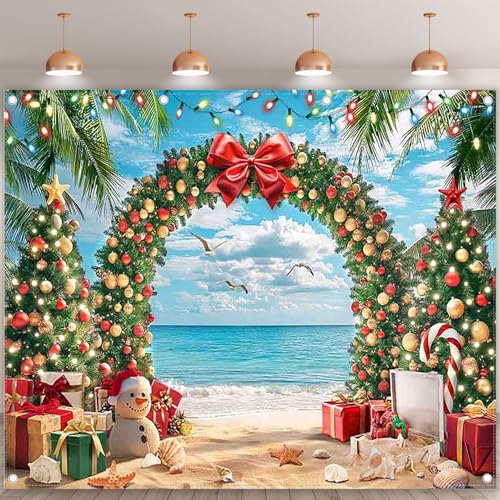 10x8ft Fabric Christmas Beach Backdrop Summer Xmas Tree Snowman Arch Seagull Tropical Hawaiian Photography Background Family Holiday Party Decor Photo Props - size: 10'x8'