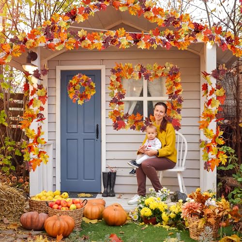 Helimoto Fall Garland, 2 Pcs 11.8 FT Thankgiving Decorations for Home, Hanging Maple Fall Leaves Garland, Artificial Autumn Thanksgiving Decor Outdoor Indoor for Wedding Party Fireplace Mantle Decor - color: Dark Brown, size: 2 Pcs