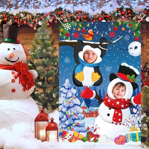 HOWAF Winter Snowman Photography Backdrop Banner, Snowman Penguin Face in Hole Props, Funny Christmas Photo Prop Background Banner for Xmas Holiday Party Decorations