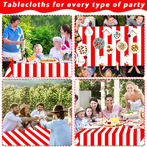 Red and White Striped Tablecloth Roll 52 in x 100 Ft with Slide Cutter Circus Carnival Party Supplies Halloween Christmas Plastic Picnic Table Cover for Indoor Outdoor Events Family Banquet Party - color: Red and White Striped