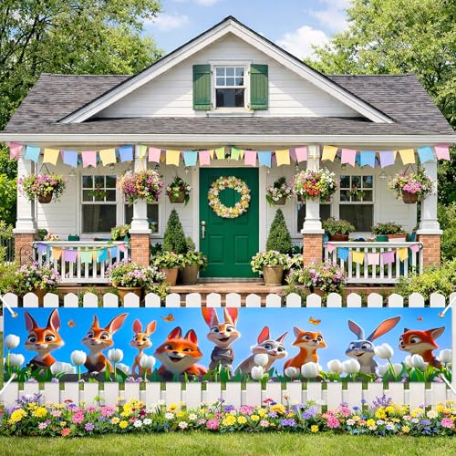 BlissYard Spring Cute Woodland Animals Banner 118x20 Inches Outdoor Garden Yard Decoration Spring Party Decor Front Door Patio Garden Fence Wall Photo Backdrop Spring Outdoor Party Decoration - color: Spring Decorations Banner #002, size: 118x20 Inch