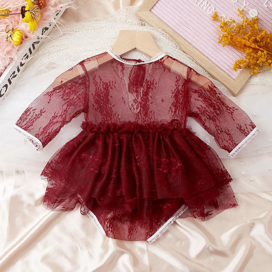 Newborn Photography Outfits Girl Baby Photo Tutu Dress Newborn Photoshoot Romper Baby Picture Lace Outfit - color: Red