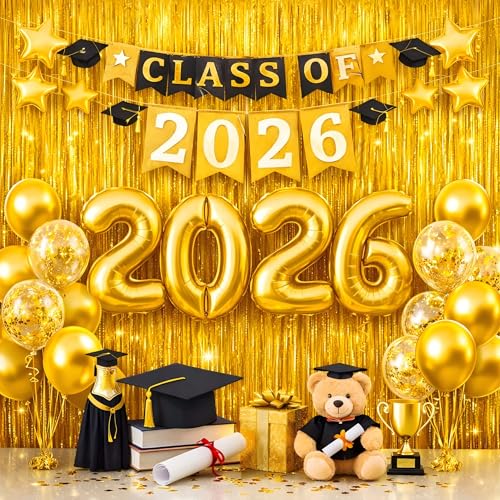 Graduation Decorations 2026 Foil Fringe Curtains - Melsan 3 Pack 3.2 x 8.2 ft Gold Tinsel Curtain Party Photo Backdrop for Birthday Party Happy Retirement Baby Shower or Graduation - color: Gold