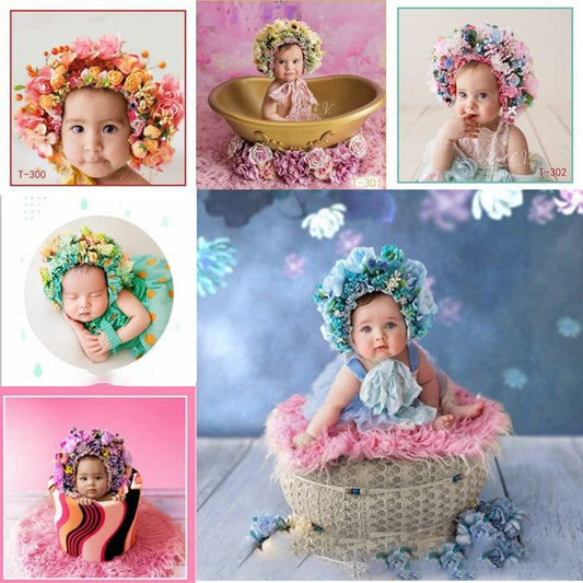 Newborn Baby Headbands Vintage 3D Floral Bonnet Hat for Infant Full Moon Photography Props Hairband Accessories - color: T-301