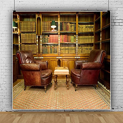 AOFOTO 8x8ft Vintage Luxury Study Bookshelf Backdrop Photography Home Office Two Sofa Business Conversation Room Bookcase Retro Books Shelves Bookrack Background for Videos YouTube Photos Prop - size: 8x8ft