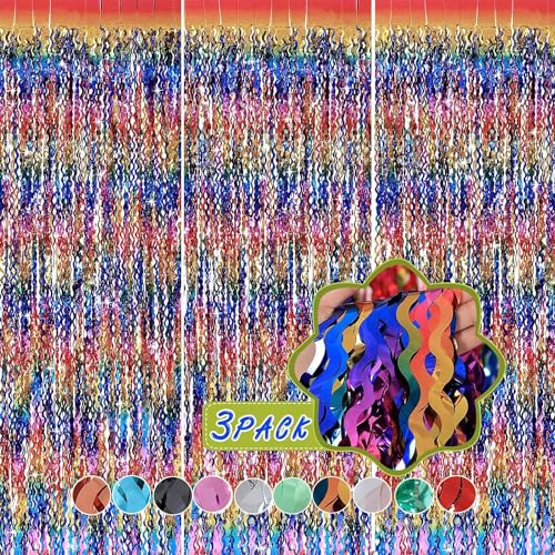 3 Pack Colorful Foil Fringe Curtain Backdrop - 6.6 x 3.3 ft Wavy Rainbow Tinsel Backdrop Curtain Metallic Streamers Iridescent Holiday Photo Booth Party Decorations - color: Rainbow
