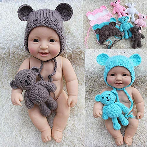 Newborn Baby Photo Shoot Props Boys Girls Crochet Knitted Hat Bear Hat Beanie with Bear Dolls Photography Props - color: Blue
