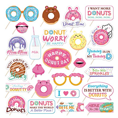 Generic Donut Photo Booth Props Set, 25pcs Paper & Wood, Pink, Solid, 7.8"W x 12"L, Photo Props for Birthday, Party, Photo Sessions - color: Donut