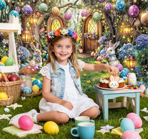 5X3ft Enchanted Forest Easter Backdrop Fairy Tale Rabbit Magic Garden Easter Egg Wonderland Floral Photography Background for Kids Girls Party Decoration Cake Table Photo Booth Props - color: Multi8, size: 5x3ft