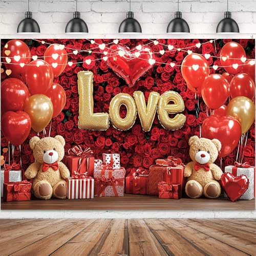 5 x 3 ft Valentine's Day Backdrop Day Love Heart Balloon Red Rose Flower Bear Photography Background Decoration Wedding Bridal Shower Anniversary Party Decoration - color: Red3, size: 5x3ft