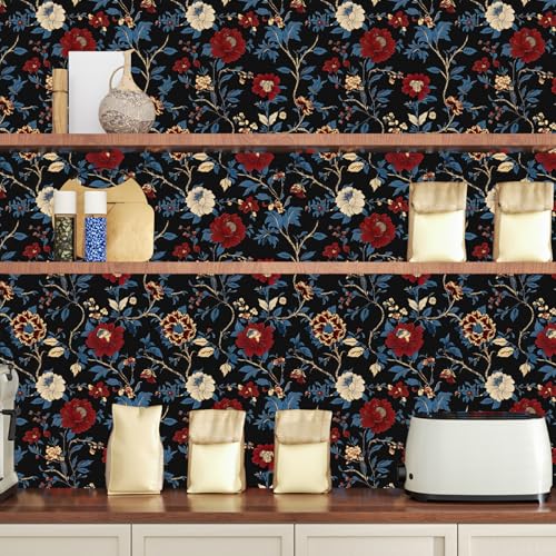 Dark Floral Peel and Stick Wallpaper Vintage Boho Leaf Contact Paper Red Flower Wall Mural Home Vinyl Waterproof Self Adhesive Removable Renter Friendly Wall Paper 17.5" x 118" - color: Black and Red, size: 17.5" x 118"