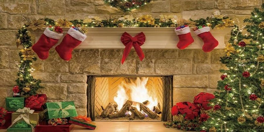 15x8ft Christmas Fireplaces Backdrop Marble Fireplace Blazing Flames Christmas Tree Stockings Photography Background Family Party Kids Adult Portraits Decor Banner Studio Photo Props - size: 15x8ft-polyester